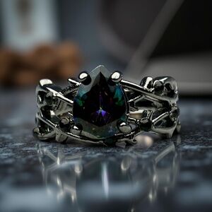 New Luxury Gun Metal Ring w/Rainbow Teardrop & Black CZ Vine Design, Size 5